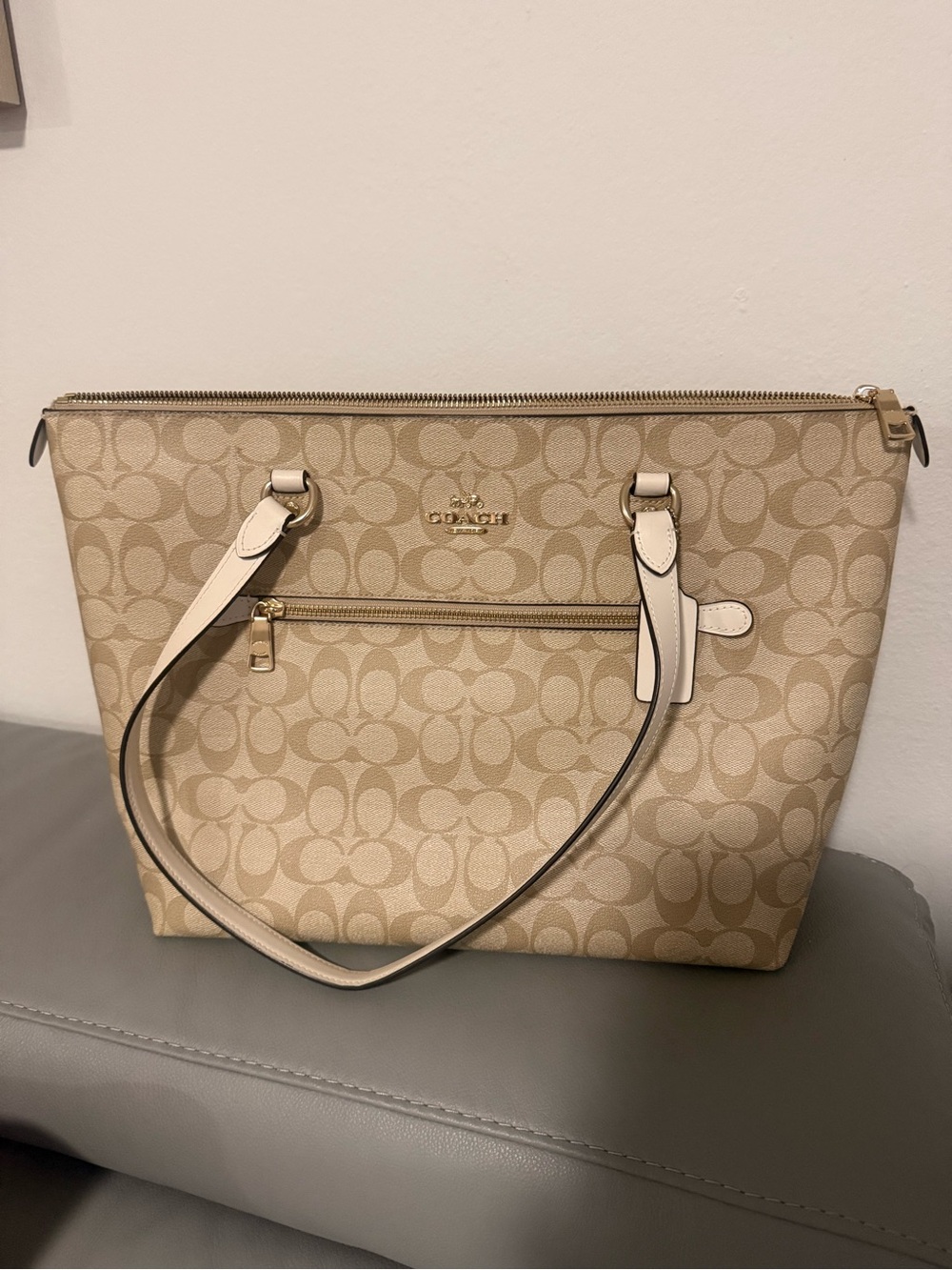 Coach Signature Canvas Tote in Beige with Cream Trim